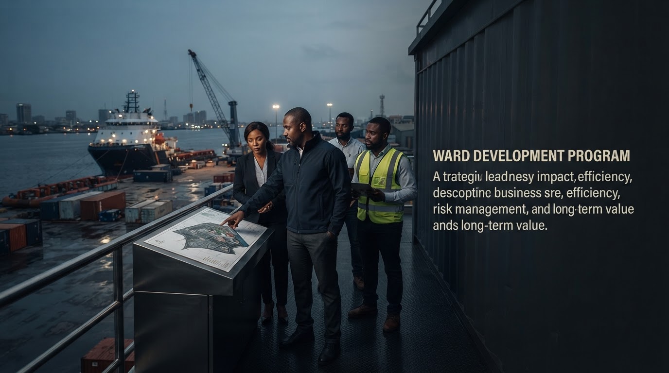 WARD DEVELOPMENT PROGRAM predictive analytics dashboard overlaid on a Nigerian financial district